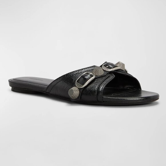BALENCIAGA Cagole Studded Buckled Arena Leather Flat Slides Mules Sandals - Picture 1 of 16